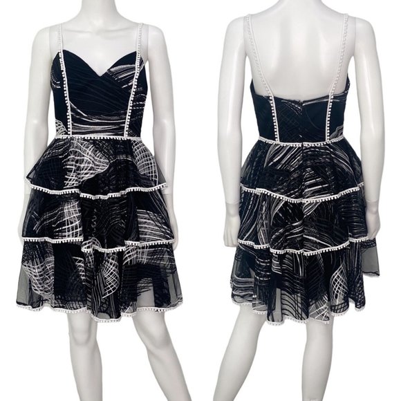 Love By Theia Tiered Mini Cocktail Dress Layered Black and White Print Size 4 - Picture 1 of 16